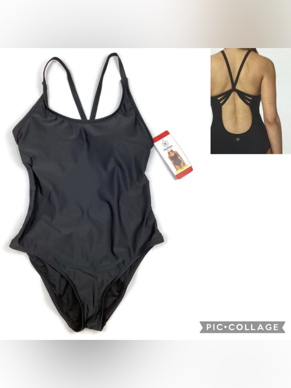 Hurley Black Strappy Back One Piece Swimsuit Bathing Suit Medium NEW!